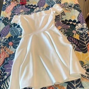 B Darlin Elegant White Off-Shoulder Dress with scallop hem pockets